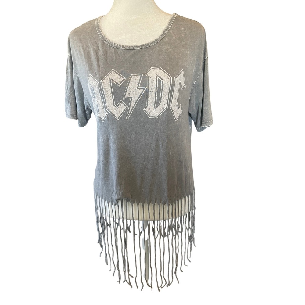 Women Y2K AC/DC Rock Band Graphic Fringe Hem Acid Wash Tee Shirt Size S Festival